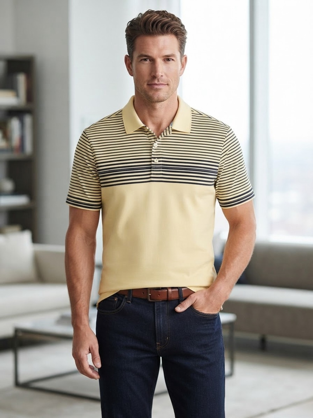 Chaps Men's Short-Sleeve Golf Polo Shirt in Light Yellow with Stripe Detail